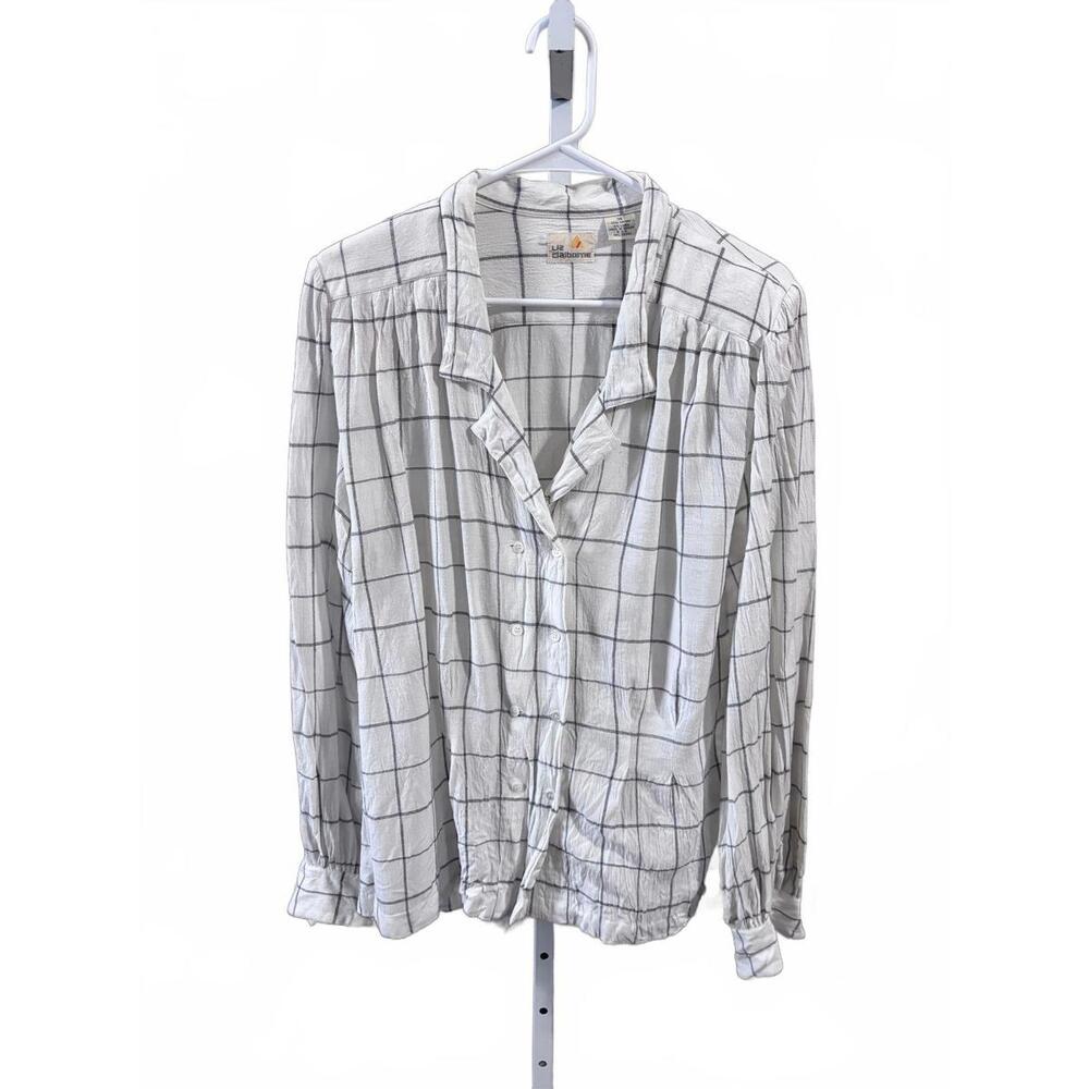 Vintage 90s Liz Claiborne Windowpane Plaid Linen Blend Button Down